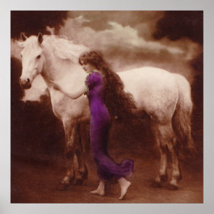 Pôster Menina romântica do Victorian com o cavalo branco