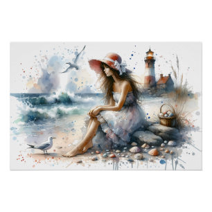 Pôster Menina Romântica em Aquarela pelo Farol