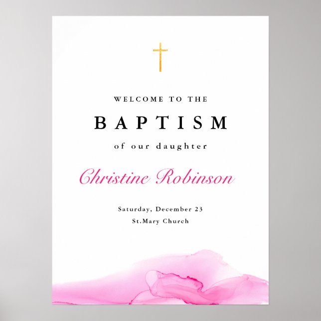 Poster Menina Rosa Tinta Cintilante Natal Baptismo Bem-Vi (Frente)