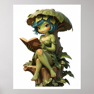 Poster Menina Sapo Fofa Lendo Livro Sob Folha