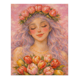Pôster Menina Serena com Tulipas Rosa