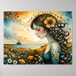 Poster Menina sonhando em velejar em um mar de flores