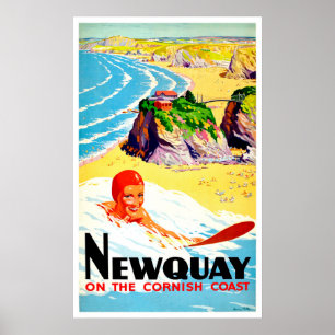 Poster Menina surfando na praia de Newquay, Cornualha,