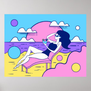 Poster menina toma sol na praia com um coquetel em han