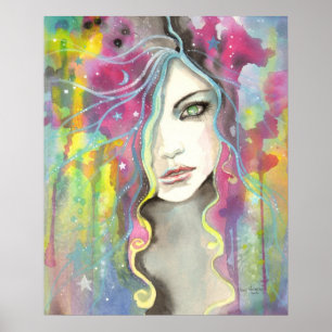 Poster Menina Visão Celestial nas Estrelas Arte Fantasia 