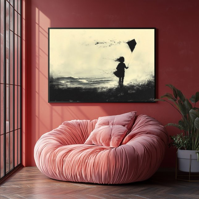 Poster Menina voando pipa na orla em Dusk - Carvão (Criador carregado)