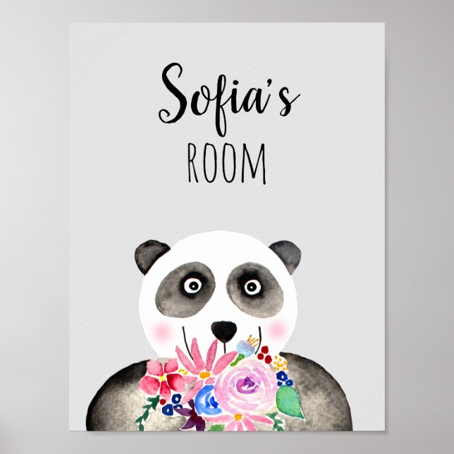 Poster Meninas Belas Flores Aquarela Panda e Nome (Frente)