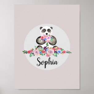 Poster Meninas Belas Flores Aquarela Panda e Nome