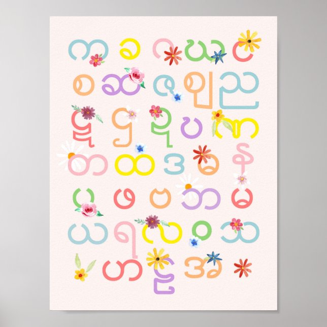 Poster Meninas Belo Alphabet Burmese Floral Myanmar (Frente)