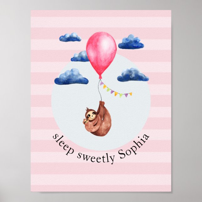 Poster Meninas Bichinho de Balão Rosa Sloth e Nome Crianç (Frente)