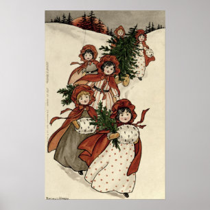 Poster Meninas com azevinho e a árvore de Natal