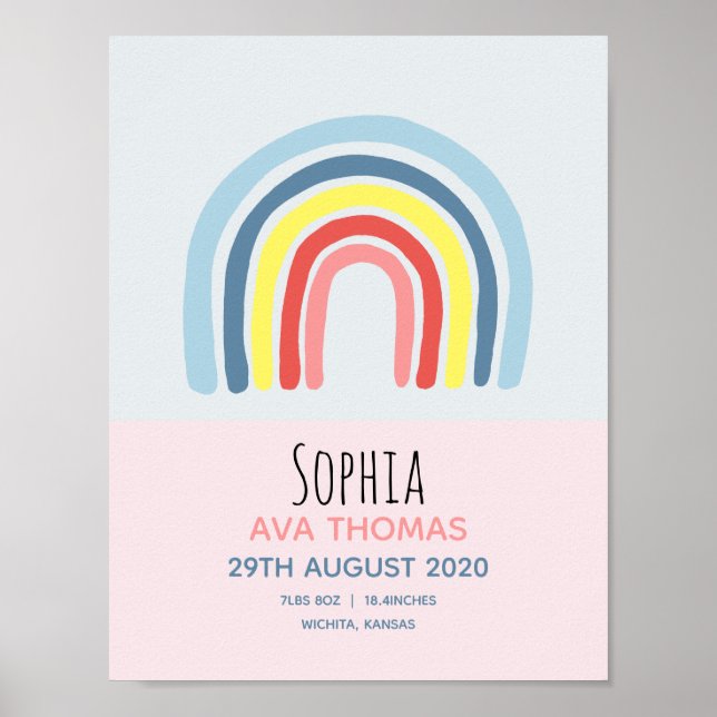 Poster Meninas Cute Pink Rainbow Birth Stats Baby Nursery (Frente)