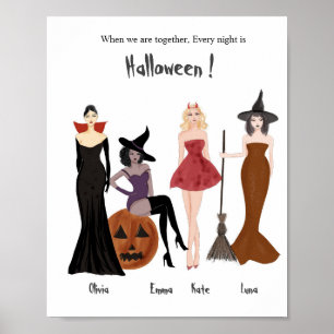 Poster Meninas do Halloween, esboço de moda, presente de