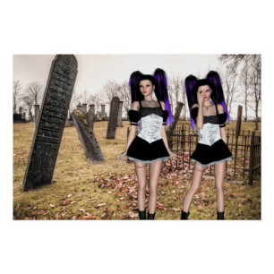 Pôster Meninas gêmeas góticas no cemitério no Halloween