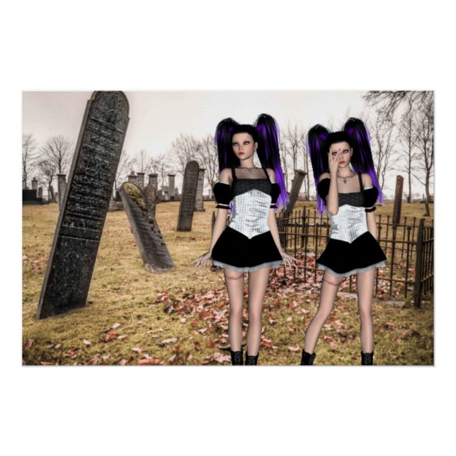 Pôster Meninas gêmeas góticas no cemitério no Halloween (Frente)