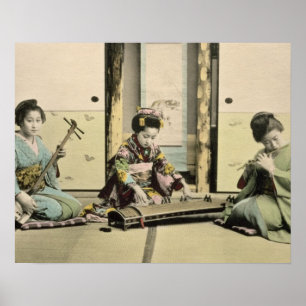 Poster Meninas japonesas tocando flauta, 'koto' e samis