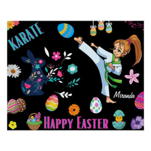 Pôster Meninas Karate Feliz Páscoa Decorativo
