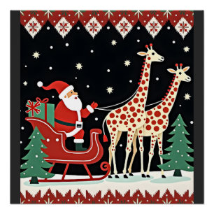 Pôster Meninas Meninos Papai Noel Cavalgando Trenó de Gir