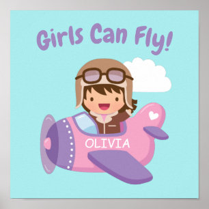 Poster Meninas Podem Voar Garota Aviadora Fofa Avião