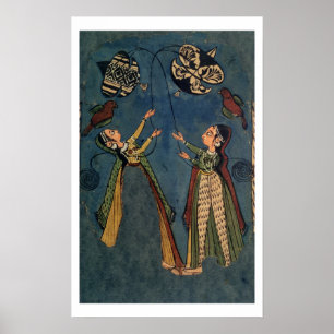 Poster Meninas que voam papagaios, pintura popular de