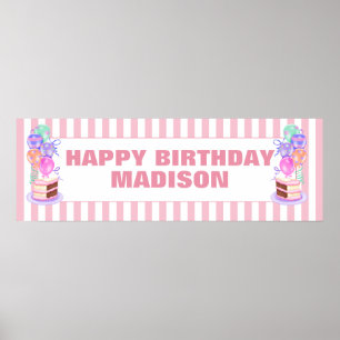 Poster Meninas Rosa Bolo de Aniversário e Balão Personali