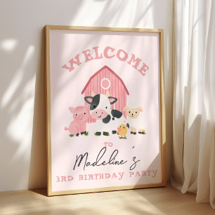 Poster Meninas Rosa Fazenda Animal Crianças Aniversário B