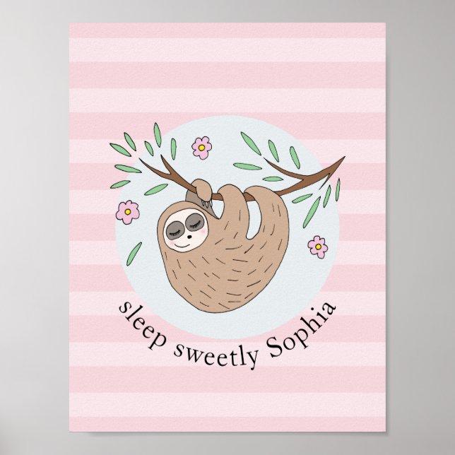 Poster Meninas Sloth Fofas Dormindo Animal e Nome Criança (Frente)