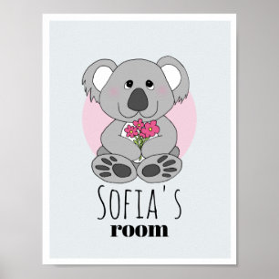Poster Meninas Urso Coala Fofo Desenho Animado & Nome Qua