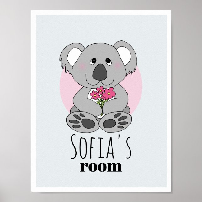 Poster Meninas Urso Koala Fofo Desenho & Nome Quarto Infa (Frente)