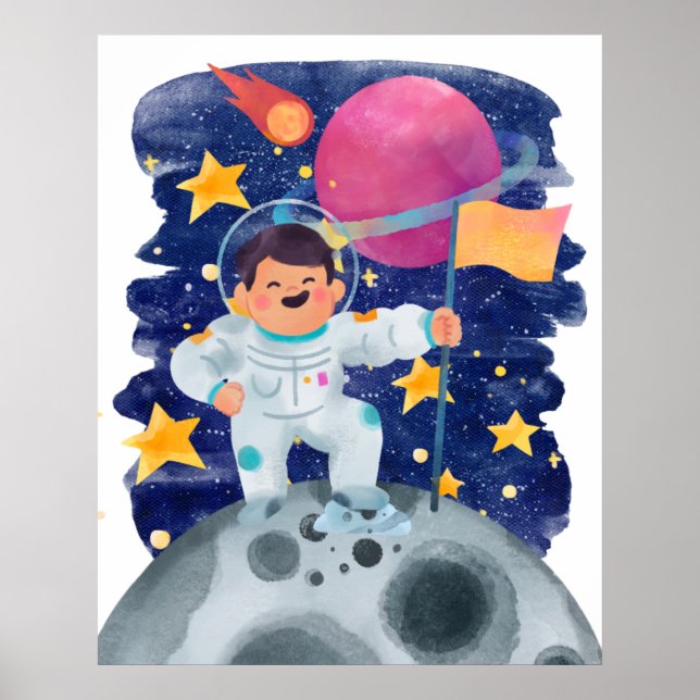 Poster Menino Astronauta Primeiro Passo Bandeira da Lua E (Frente)