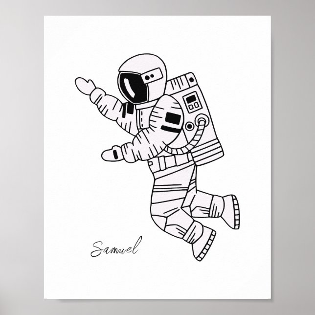 Poster Menino branco e preto desenhado astronauta (Frente)