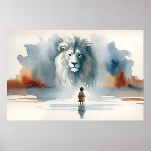 Poster Menino Com Jesus O Leão Aquarela Parede Cristã