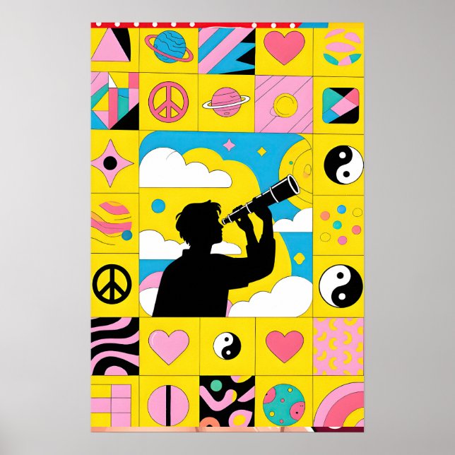 Poster Menino Com Telecópio Pop Art (Frente)