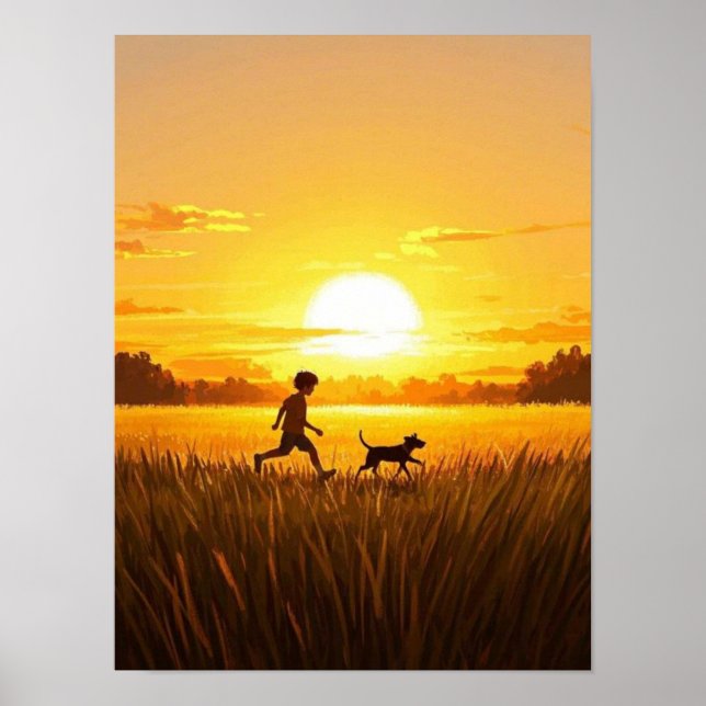 Poster Menino correndo com cachorro no pôr do sol (Frente)