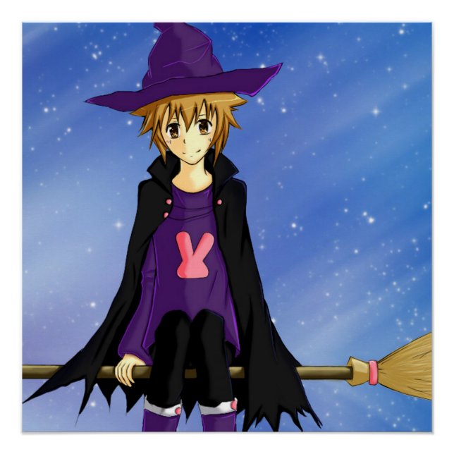 Pôster Menino de anime e mangá com chapéu roxo e capa (Frente)