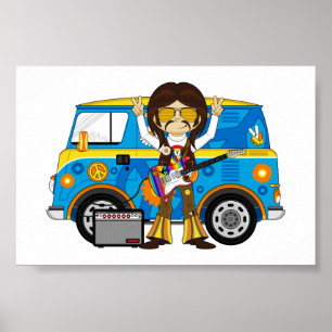 Pôster Menino do Hippie com guitarra & campista Van