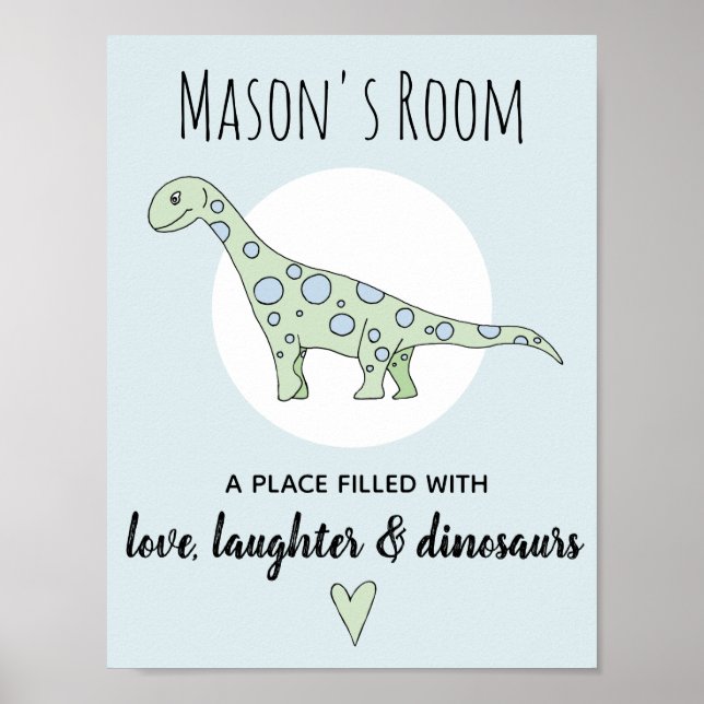 Pôster Menino Doodle Verde Dinossauro e Nome Berçário (Frente)
