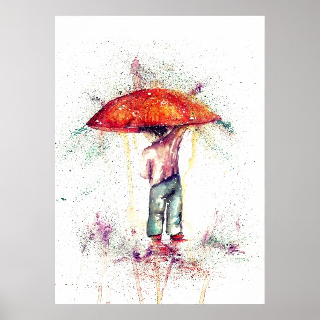 Poster Menino e guarda-chuva chuva aquarela decoração (Frente)
