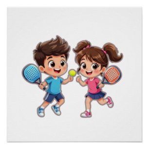 Pôster Menino e Menina de Desenho Animado Fofo Jogando Pa