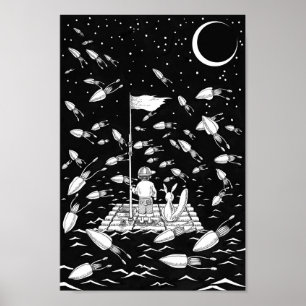 Poster Menino e uma raposa flutuando em uma jangada.
