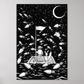 Poster Menino e uma raposa flutuando em uma jangada.