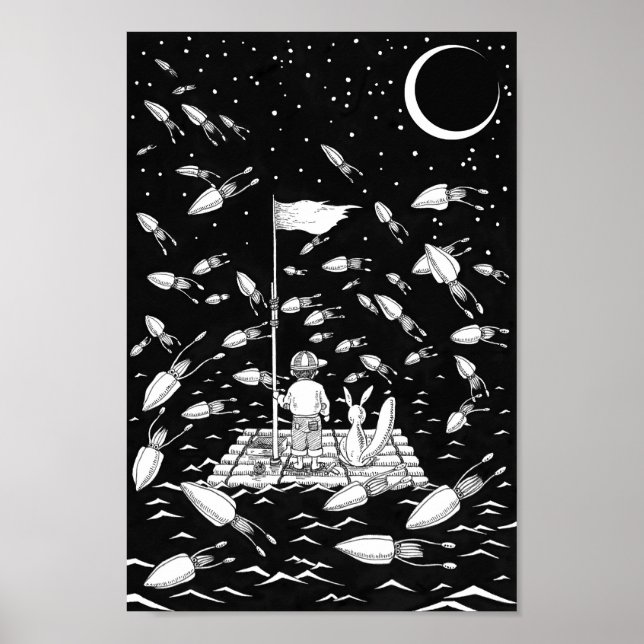 Poster Menino e uma raposa flutuando em uma jangada. (Frente)