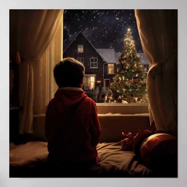 Poster Menino esperando Papais noeis na véspera de Natal (Frente)