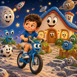 Poster Menino Fofo Andando de Bicicleta no Espaço Sideral