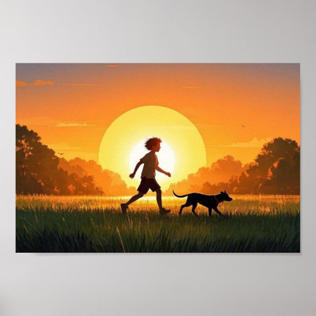 Poster Menino jovem com cachorro no pôr do sol (Frente)