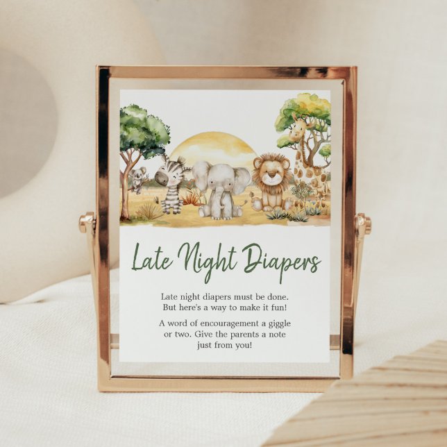 Poster Menino Safari Selva Animais De Noite Tarde Fraldas (Safari Baby Shower Late Night Diapers Sign)