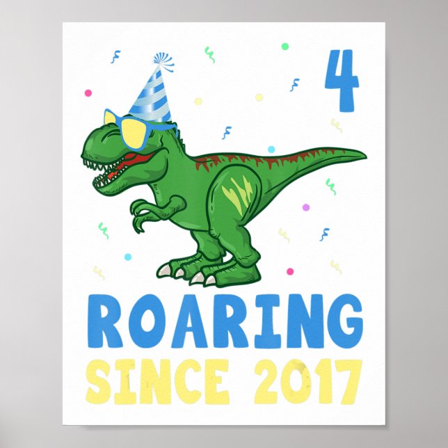 Poster Meninos de 4 anos Meninos de 4 de aniversário Dino (Frente)