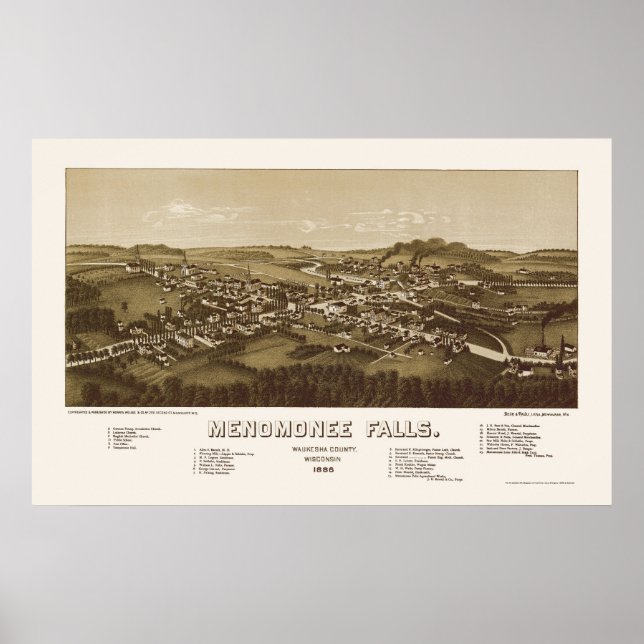 Pôster Menomonee Falls, Mapa Panorâmico da I WI - 1886 (Frente)