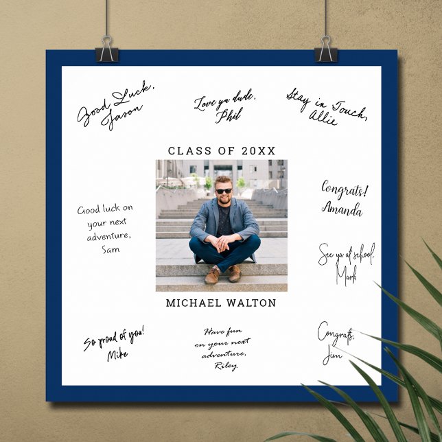 POSTER MENSAGEM DE ASSINATURA DE FOTOGRAFIA DE COR PERSON (Graduation autograph poster with your photo and navy blue border, INSTANT DOWNLOAD and/or PRINTED)