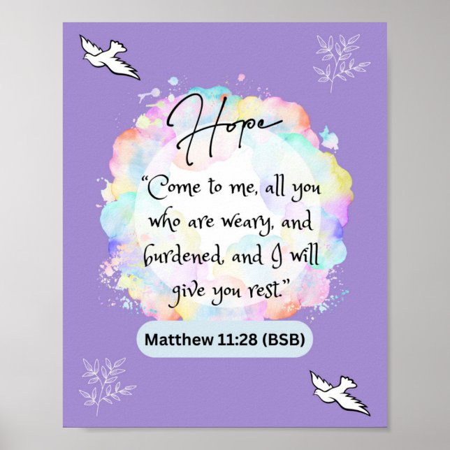 Poster Mensagem de esperança - Matthew 11-28 - 8 x 10 Pos (Frente)